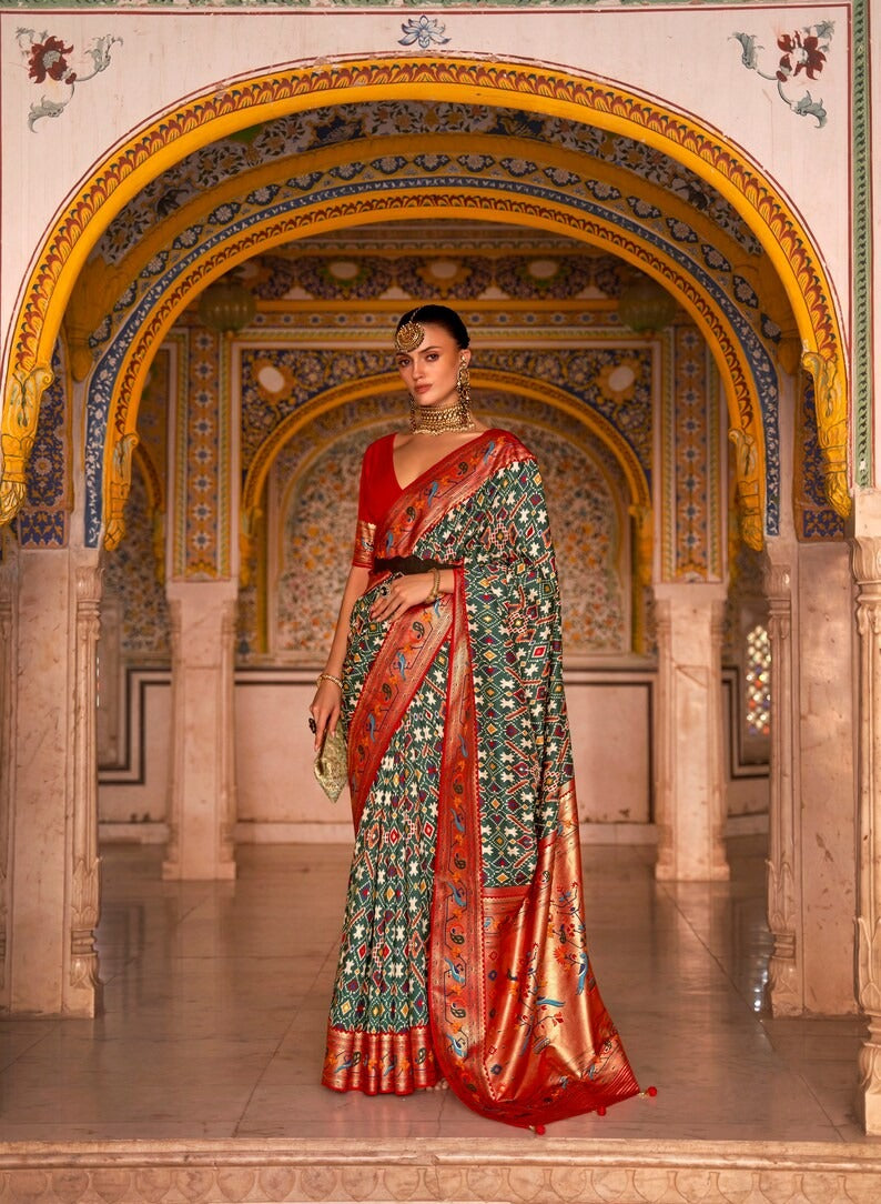Fern Green Patola  Saree for women with Paithani Border