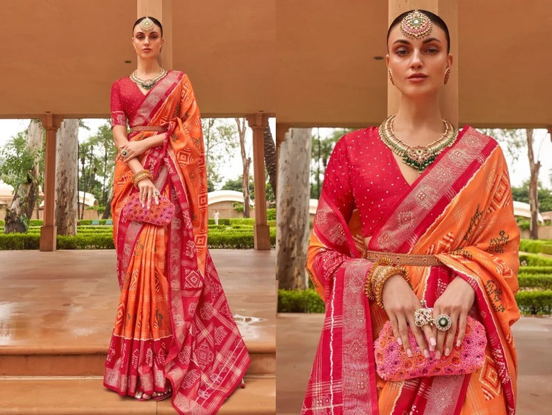 Orange And Red Patola  Saree for women or Girls , Designer Saree