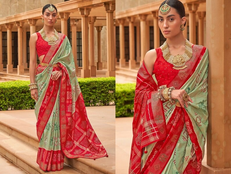 Red And Mint Green Patola  Saree for women or Girls , Designer Saree