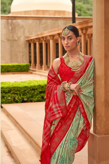 Red And Mint Green Patola  Saree for women or Girls , Designer Saree