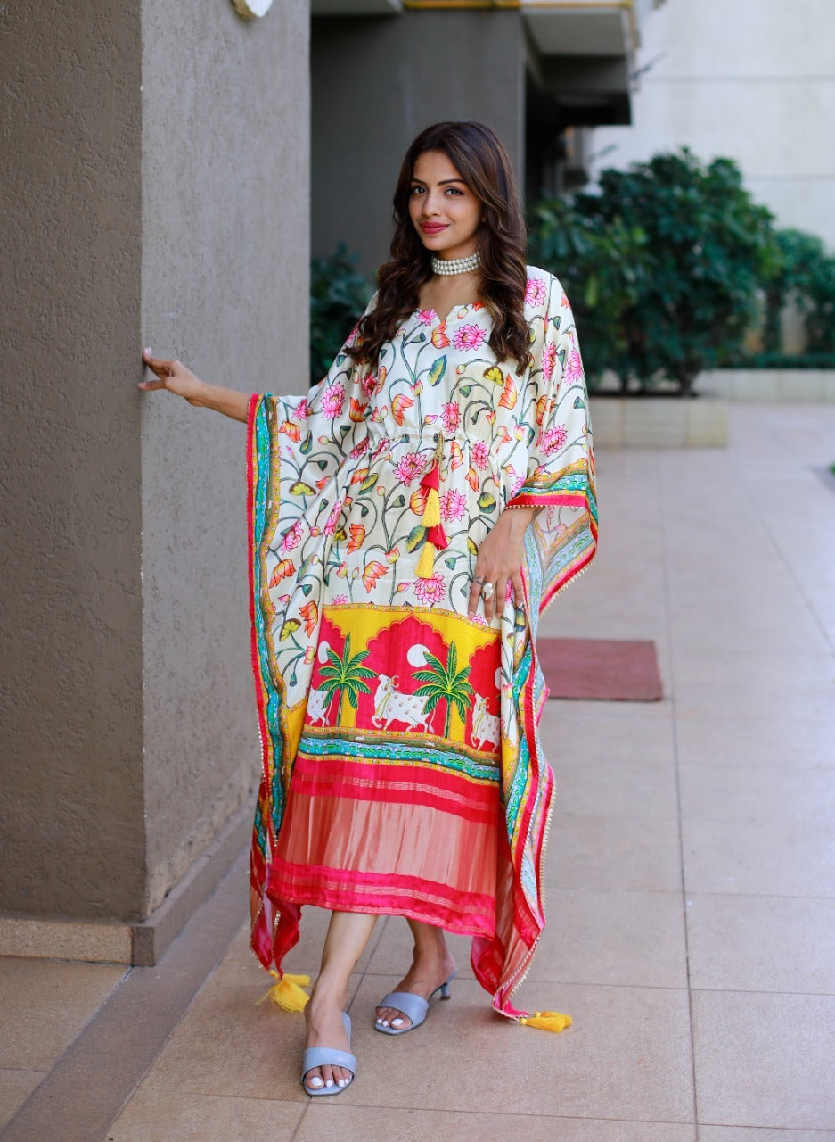 Off White Gaji silk Designer Kaftan  For Women Or Girls