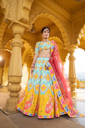 Sky Blue and Yellow  Silk Lehenga Choli For women or girls , Inidian Wedding Wear Lehenga Choli