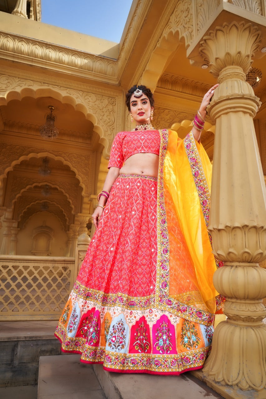 Embroidered, Resham and Zari Work Banarasi Lehenga Choli Online Pink and Orange  Lehenga Choli| lovelyweddingmall.com