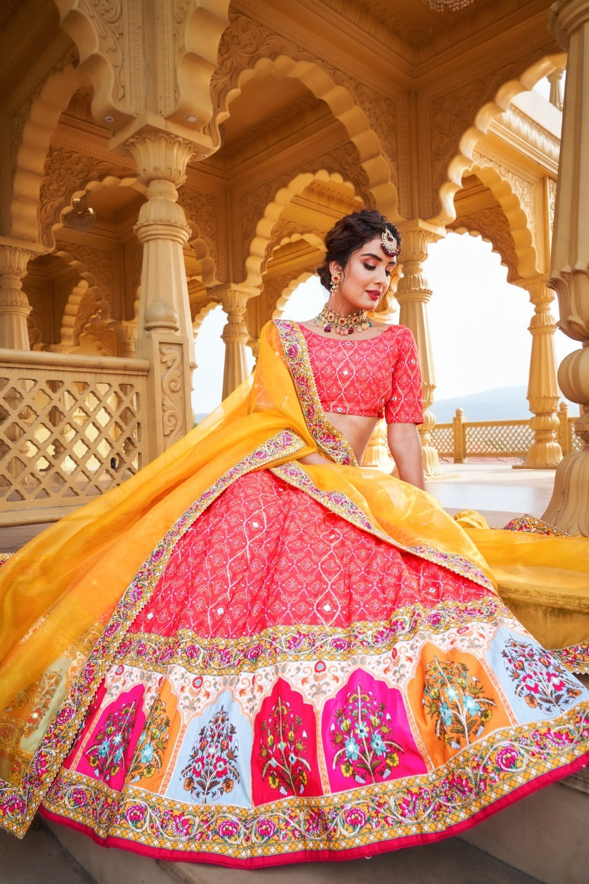 Buy Yellow Deep pink Chinon sequence Exclusive Lehenga choli with Fancy  Dupatta collection