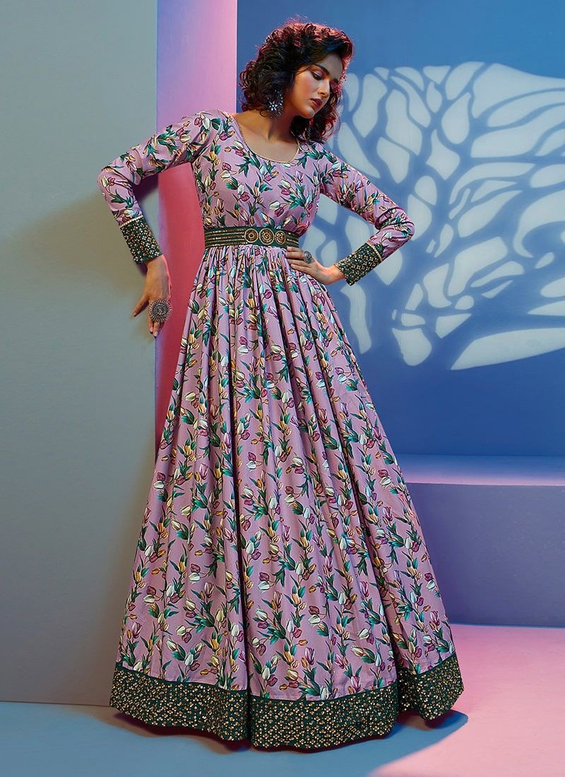 lavender Floral Gown With Fancy Sequins Work Belt  Silk Long Gown For Women ,  Indian Wedding Wear
