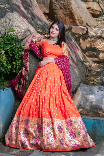 Orange Silk lehenga choli for women Latest Indian bridal wear Zari, Sequins Dori work Party Wear Ghaghra Choli