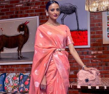 Peach Linen  Silk Saree for women designer latest wedding wear saree