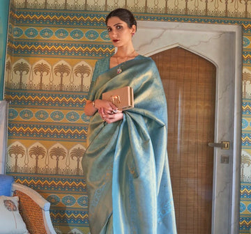 Sky Blue Semi Kanchipuram   Silk Saree for women designer latest wedding wear saree