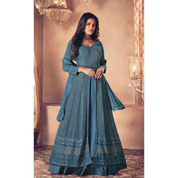 Blue   Georgette Work  Full Flare Long Gown For Women or Girls