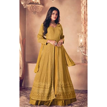 Yellow Georgette Work  Full Flare Long Gown For Women or Girls