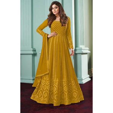 Yellow Georgette Work  Full Flare Long Gown For Women or Girls