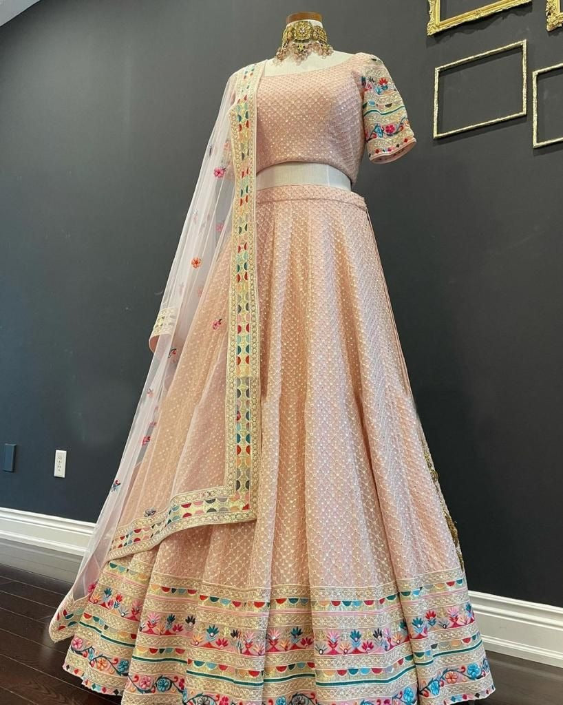 Designer Peach  color lehenga choli with  Sequence Embroidery Work wedding party wear lehenga choli with dupatta