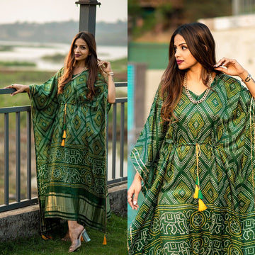 Green  Gaji silk Designer Kaftan For Women Or Girls