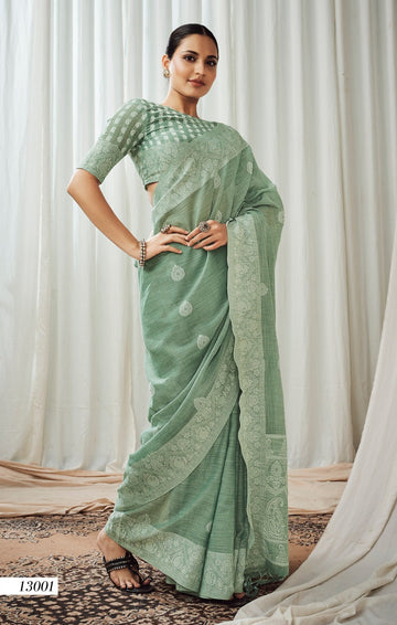 Luckhnowi   Pista Green Designer  Saree for women or girls, designer latest wedding wear saree