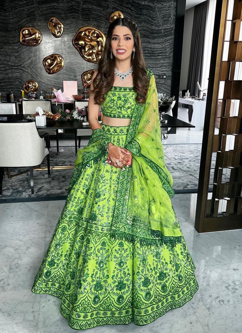 Designer Green  color lehenga choli with Zari and Sequence ,Thread  Embroidery Work wedding party wear lehenga choli with dupatta