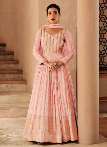 Light Pink Chinon fabric With Embroidery work  Designer Full Flare Long Gown For Women or Girls