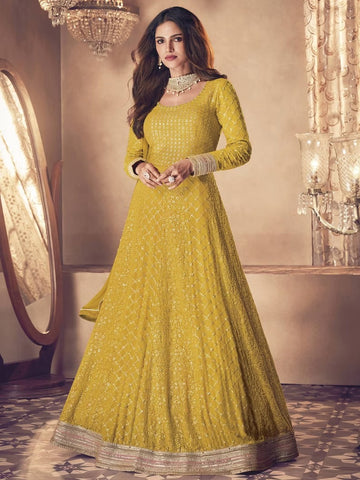 Yellow Georgette  With Embroidery work  Designer Full Flare Long Gown For Women or Girls