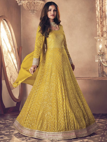 Yellow Georgette  With Embroidery work  Designer Full Flare Long Gown For Women or Girls