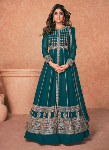 Teal Blue Georgette  With Embroidery work  Designer Full Flare Long Gown For Women or Girls