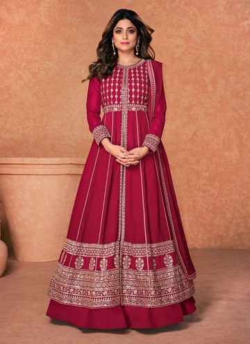 Pink   Georgette  With Embroidery work  Designer Full Flare Long Gown For Women or Girls