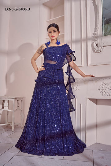 Blue  Embroidery work  Designer Full Flare Long Gown For Women or Girls