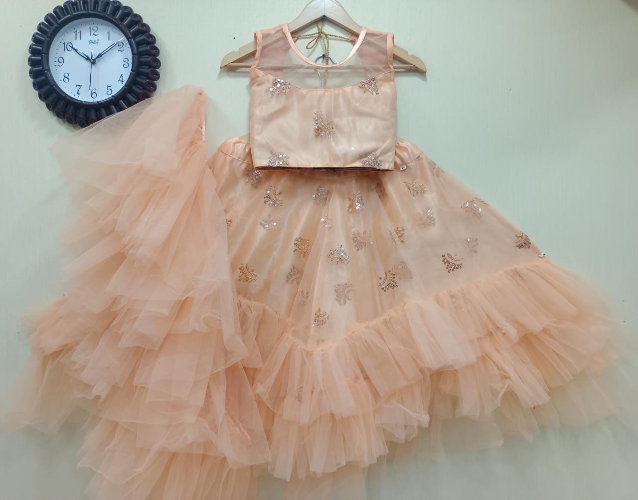 Designer Peach color lehenga choli with Frill  Work wedding party wear lehenga choli with dupatta