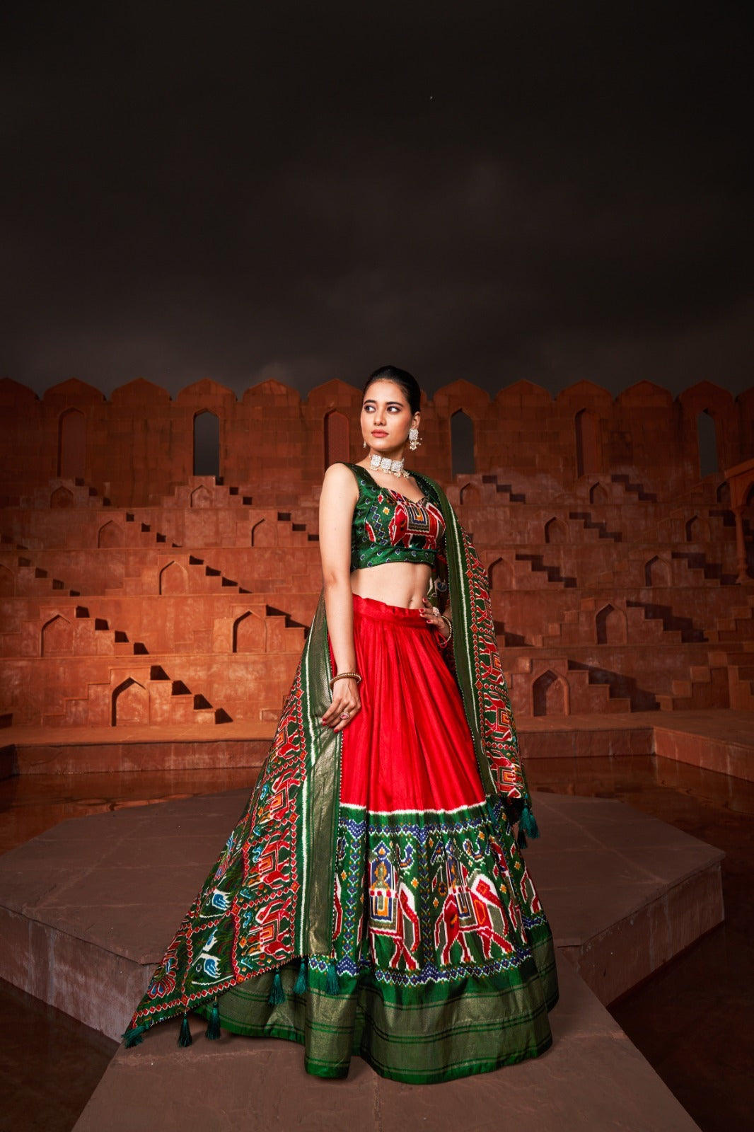 Green & Red Coloured Designer Banarasi Lehenga Choli with Dupatta!! –  Royskart