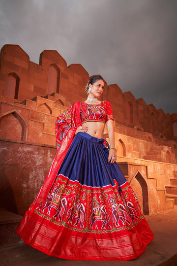 Designer Blue and Red  color lehenga choli with Patola Print and foil  Work wedding party wear lehenga choli with dupatta