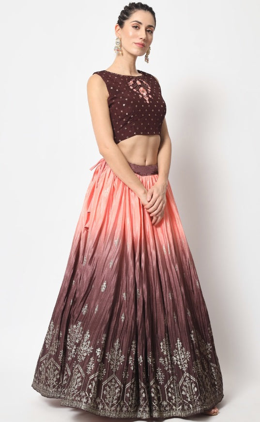 Designer Coffee and Peach color lehenga choli with Zari and Sequence ,Thread Embroidery Work wedding party wear lehenga choli with dupatta