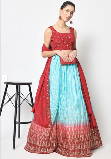 Designer REd and SKy BLue  color lehenga choli with Zari and Sequence ,Thread Embroidery Work wedding party wear lehenga choli with dupatta