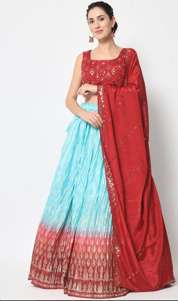 Designer REd and SKy BLue  color lehenga choli with Zari and Sequence ,Thread Embroidery Work wedding party wear lehenga choli with dupatta