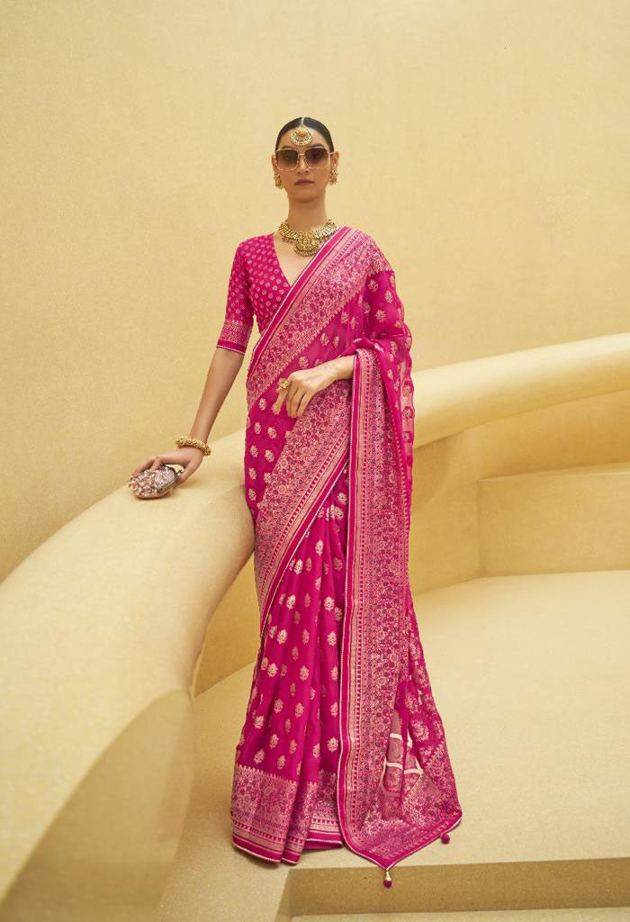 Pink Organza Brasso  saree for women wedding  wear party wear designer sarees