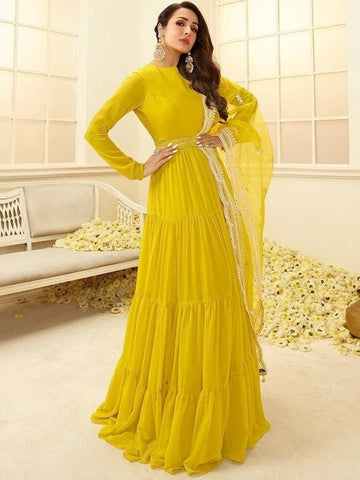 Yellow  Georgette   Ruffle With Work Anarkali Flared Long Wedding Wear Gown