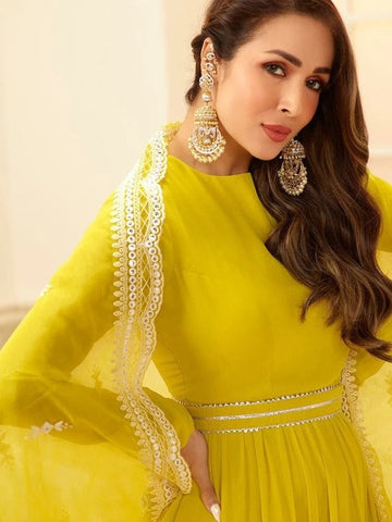 Yellow  Georgette   Ruffle With Work Anarkali Flared Long Wedding Wear Gown