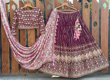 Designer Purple  color lehenga choli with Zari and Sequence ,Floral Thread Embroidery Work wedding party wear lehenga choli with dupatta