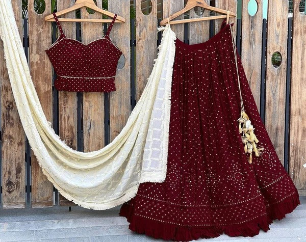 Designer Red color lehenga choli with Embroidery Mirror Work wedding party wear lehenga choli with dupatta