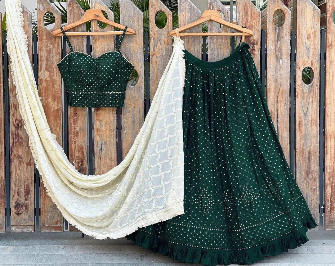 Designer Green color lehenga choli with Embroidery Mirror Work wedding party wear lehenga choli with dupatta