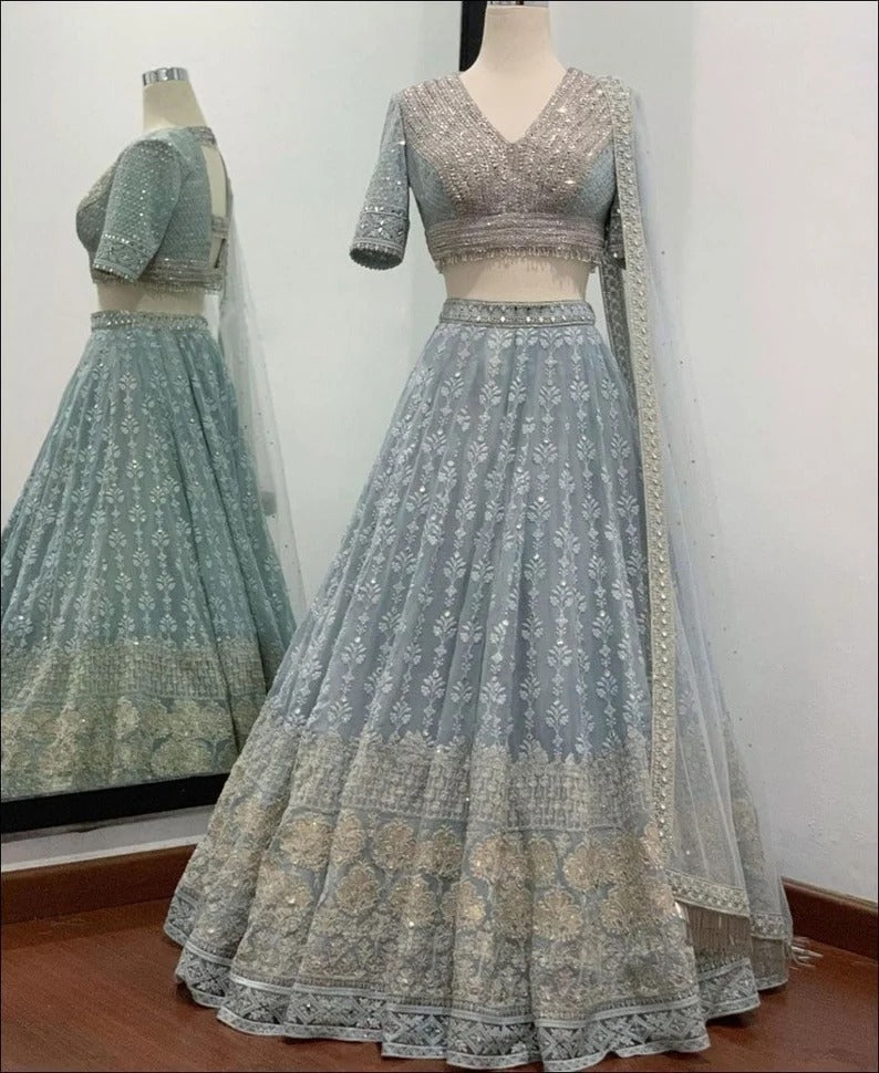 Designer Sky Blue color lehenga choli with Thread Sequence Embroidery Work wedding party wear lehenga choli with dupatta