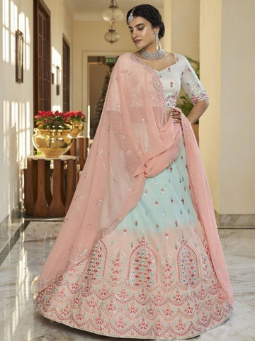 Designer Sky Blue and Pink  color lehenga choli with  Thread, Sequence and Mirror Embroidery Work wedding party wear lehenga choli with dupatta