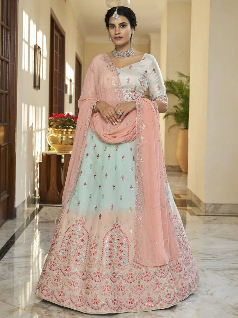 Designer Sky Blue and Pink  color lehenga choli with  Thread, Sequence and Mirror Embroidery Work wedding party wear lehenga choli with dupatta