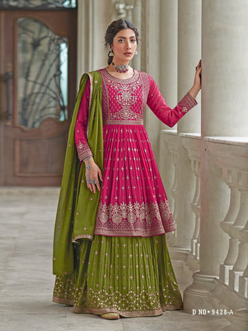 Pink and Green Georgatte  with Embroidery Work Designer Kurti For Women