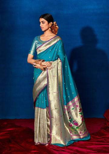 Teal Blue   Paithani Silk  saree for women wedding  wear party wear designer sarees