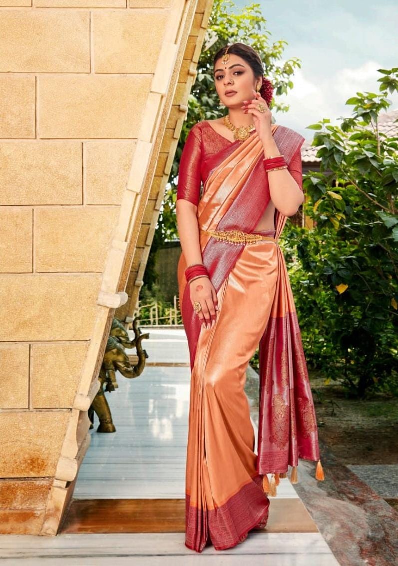 Orange Softy Silk  saree for women wedding  wear party wear designer sarees