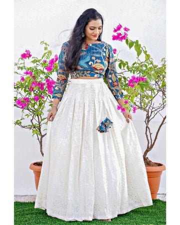 Designer SKy Blue and White  color lehenga choli with Lucknowi Sequins Embroidery Work  wedding party wear lehenga choli with dupatta