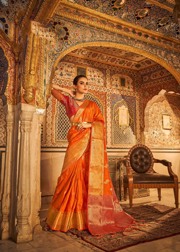 Orange  Tusser silk  saree for women wedding  wear party wear designer sarees