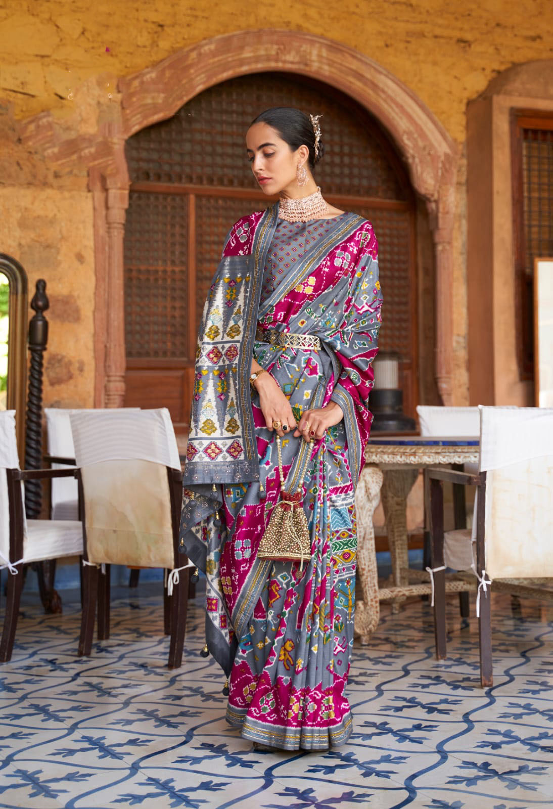 Grey Patola  silk  saree for women wedding  wear party wear designer sarees