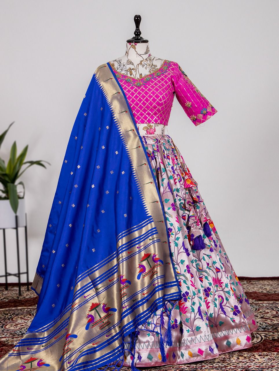 Designer Pink and Blue color lehenga choli with  Weaving Zari Work  wedding party wear lehenga choli with dupatta