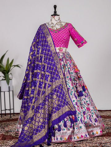 Designer Pink and Purple  color lehenga choli with  Weaving Zari Work  wedding party wear lehenga choli with dupatta