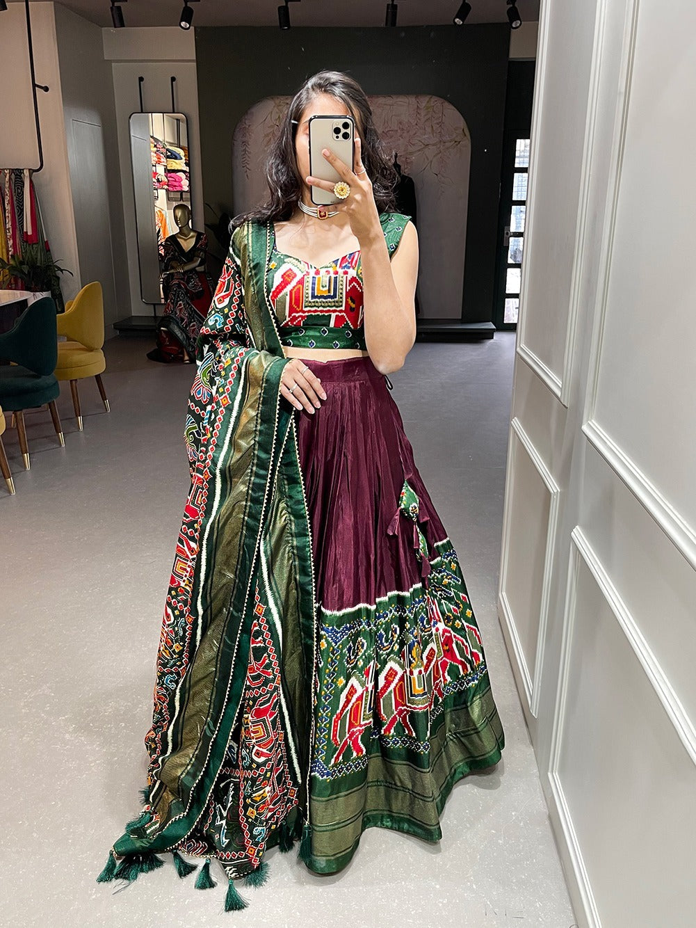 Designer Coffee  and Green color lehenga choli with Patola Print with foil work  wedding party wear lehenga choli with dupatta