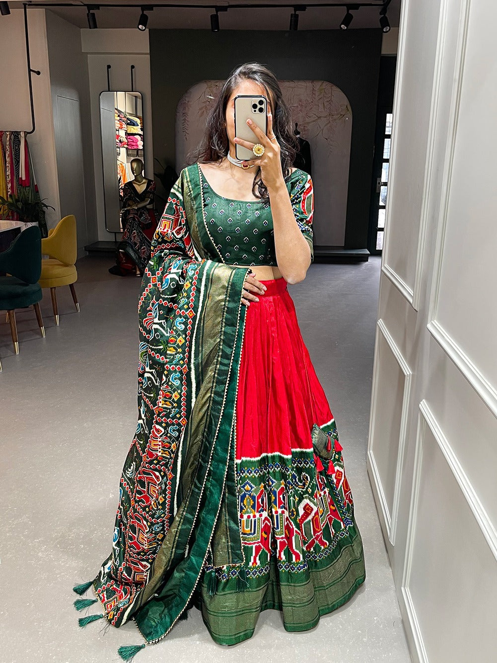 Designer Orange and Green color lehenga choli with Patola Print with foil work  wedding party wear lehenga choli with dupatta